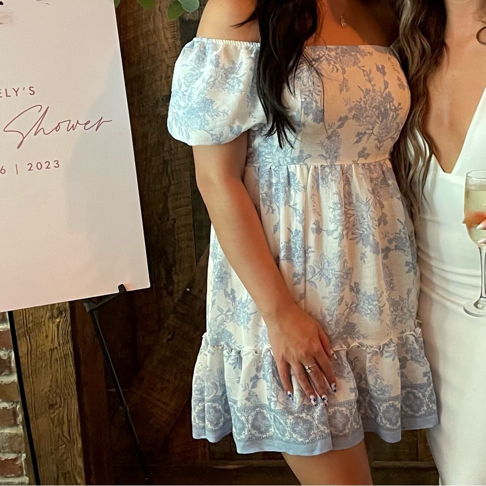 Blue Floral Off-Shoulder Dress